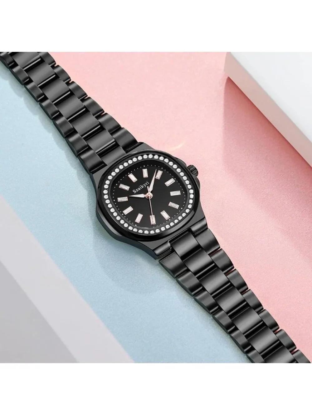 Women's Black Crystal Accented Solid Stainless Steel Band Dress Wrist Watch